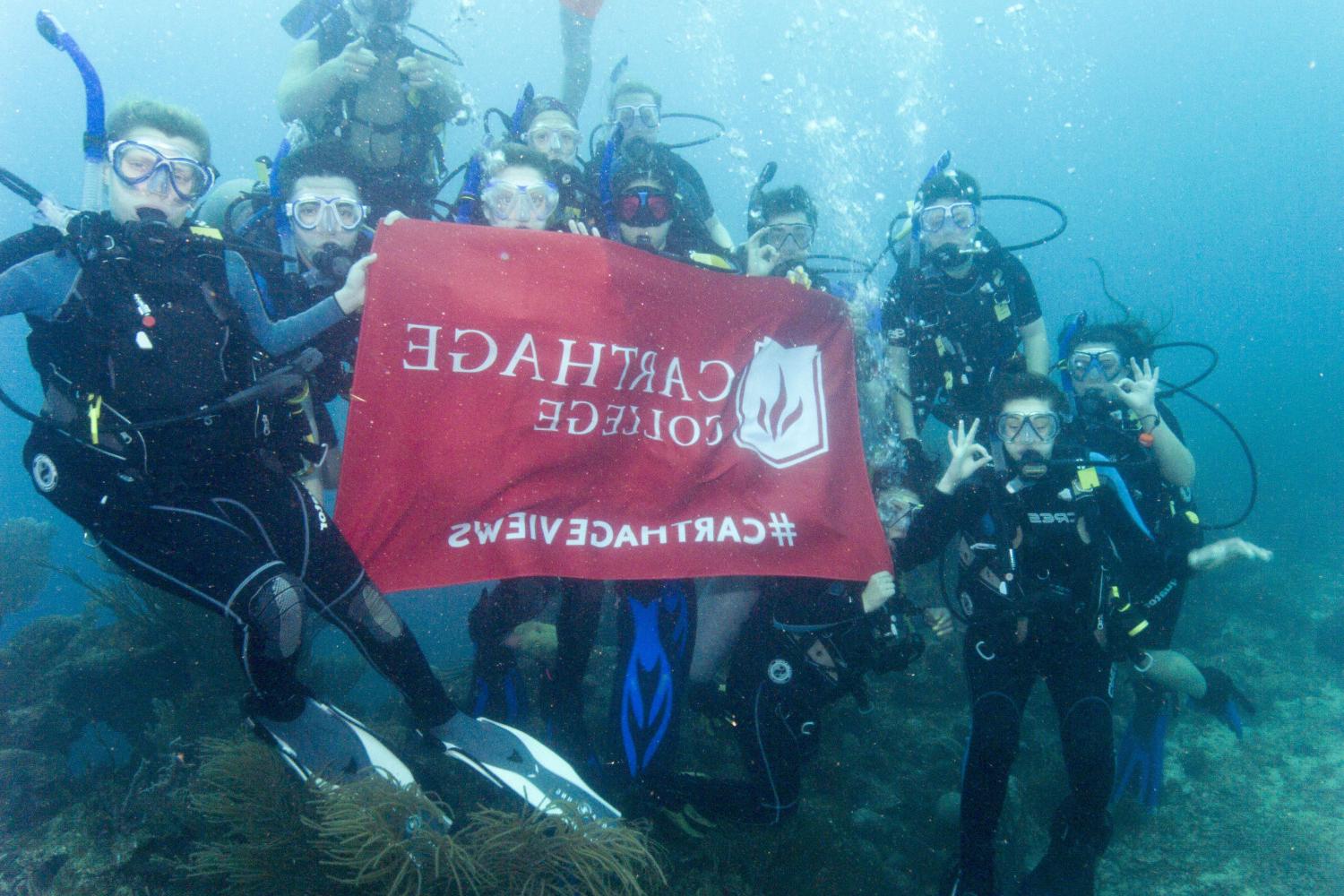学生们手持<a href='http://27a0to.web-sitemap.noradns.net'>bv伟德ios下载</a>旗帜，在j学期洪都拉斯游学之旅中潜水.